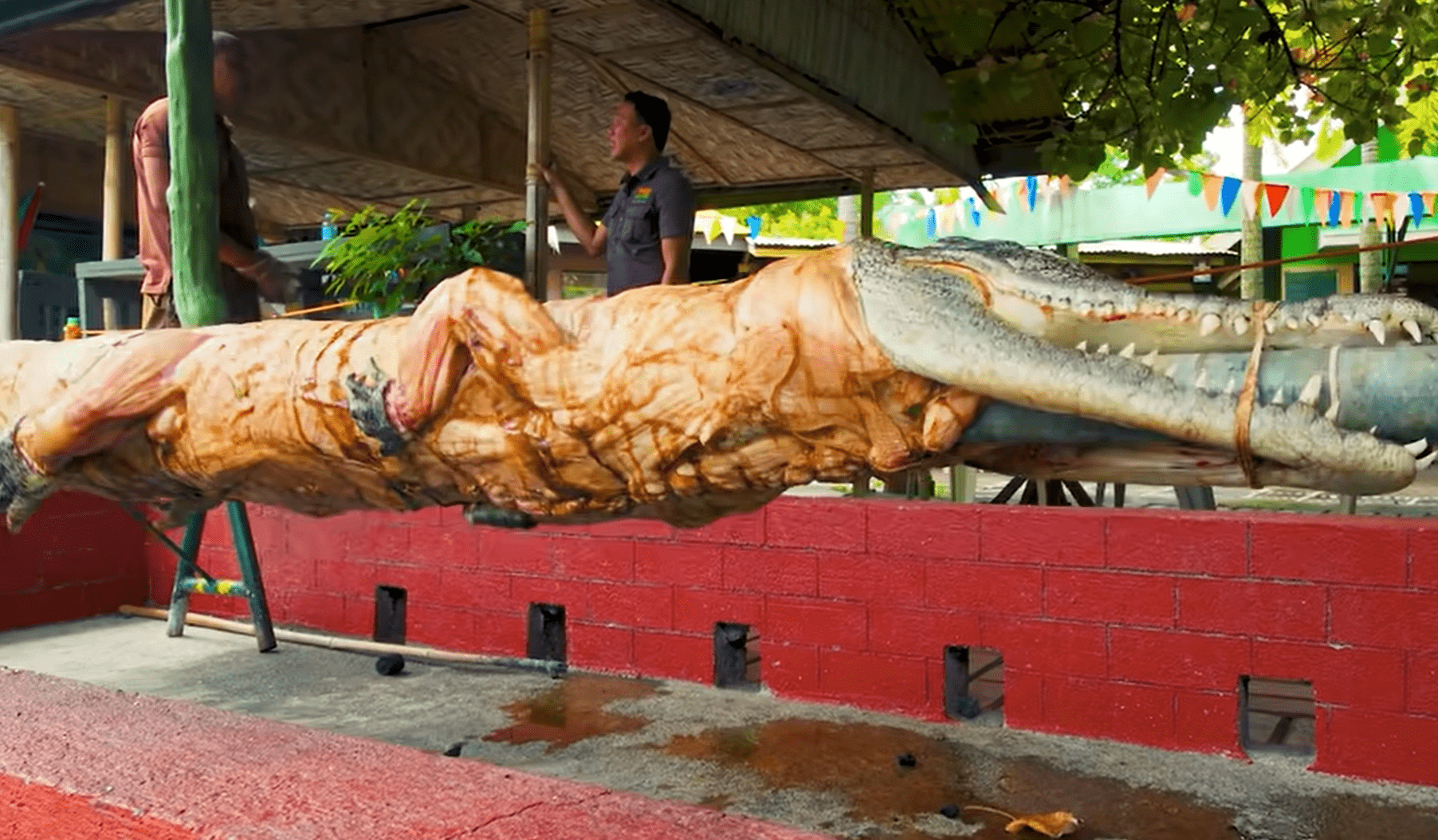 Image from: Man with BN shirt chainsaws crocodile
