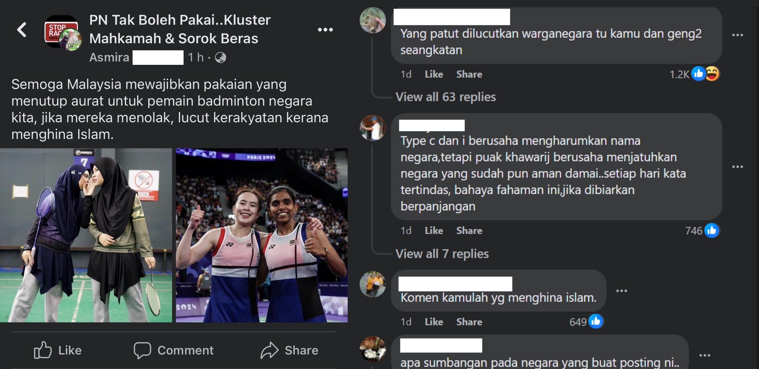 Image from: "Mandate modest clothing for our national badminton players" Netizen bashes Pearly-Thinaah clothing choice