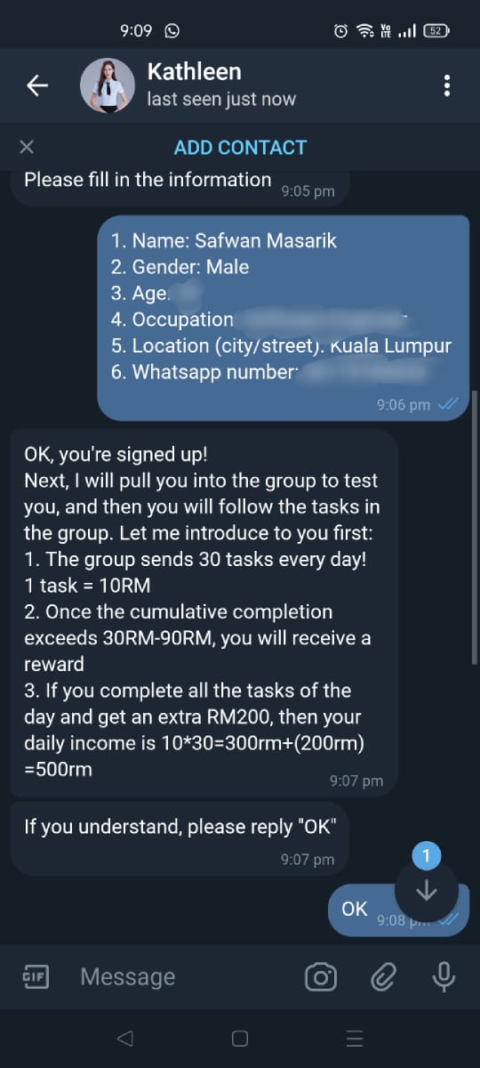 Image from: Revealing Telegram Part Time Job Scam #Scam