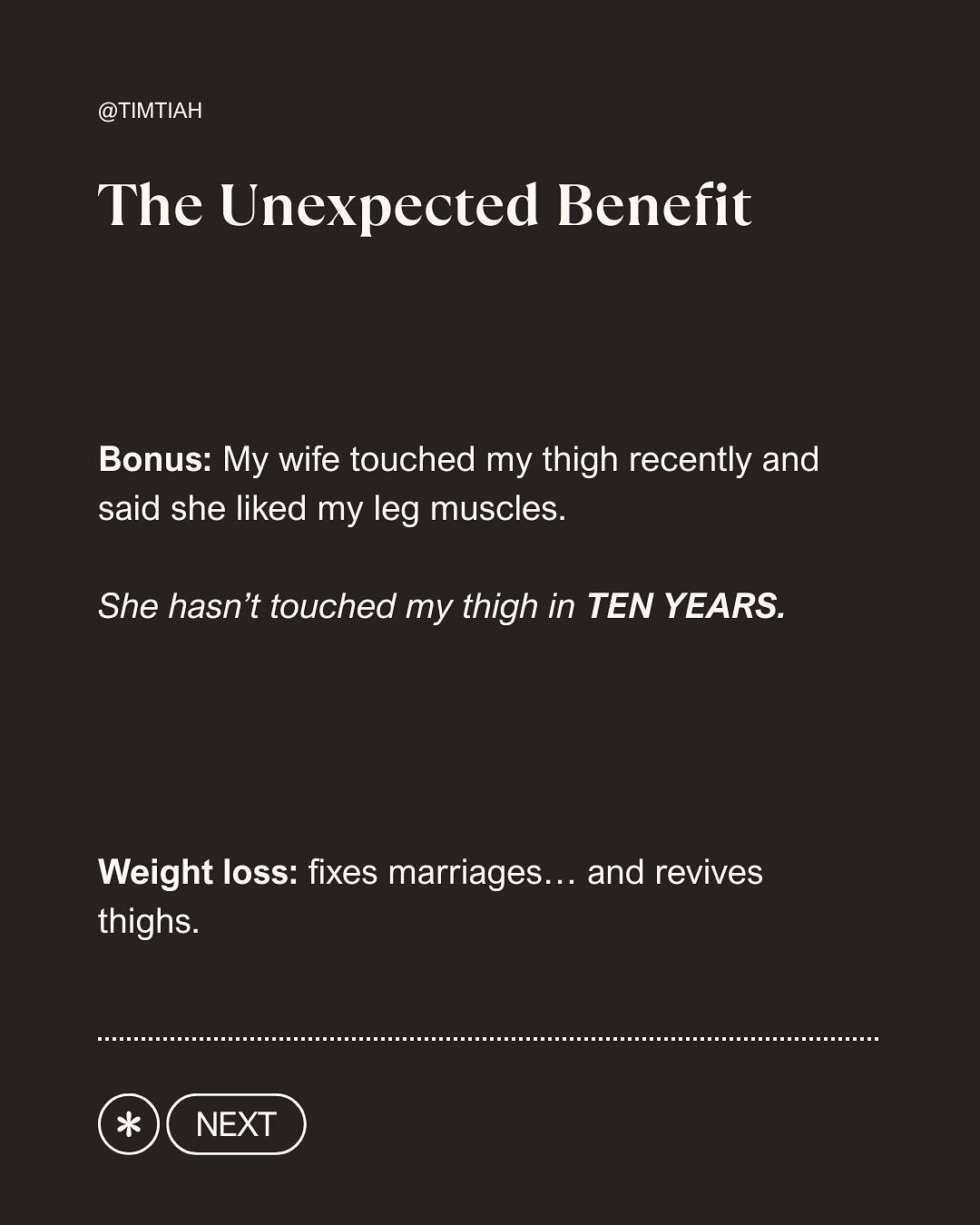 Image from: I didn’t lose weight for abs. I lost it because my wife couldn’t sleep next to me anymore.