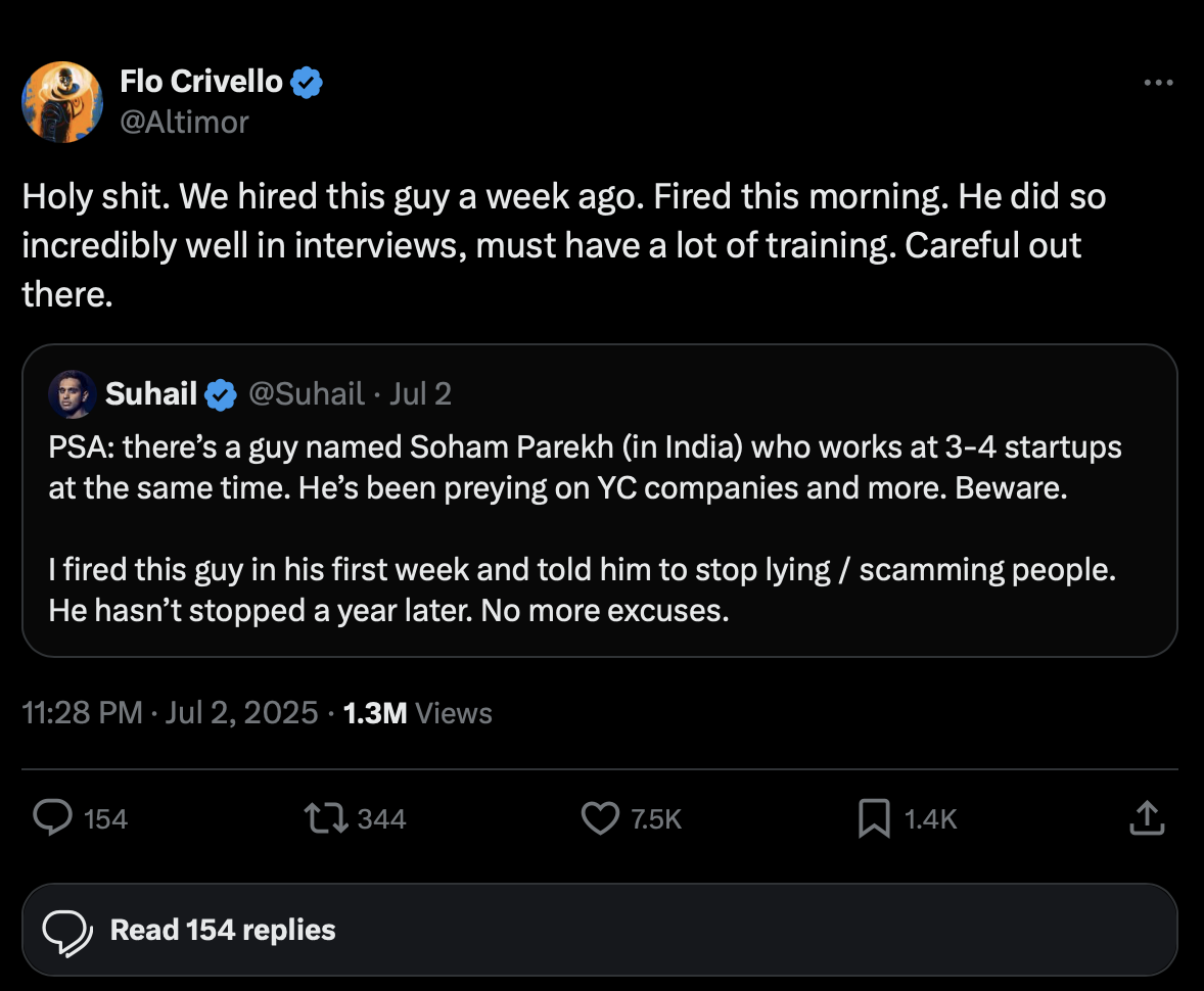 Image from: Can You Really Work for 6 Startups at Once? Soham Parekh Did… Until He Got Caught