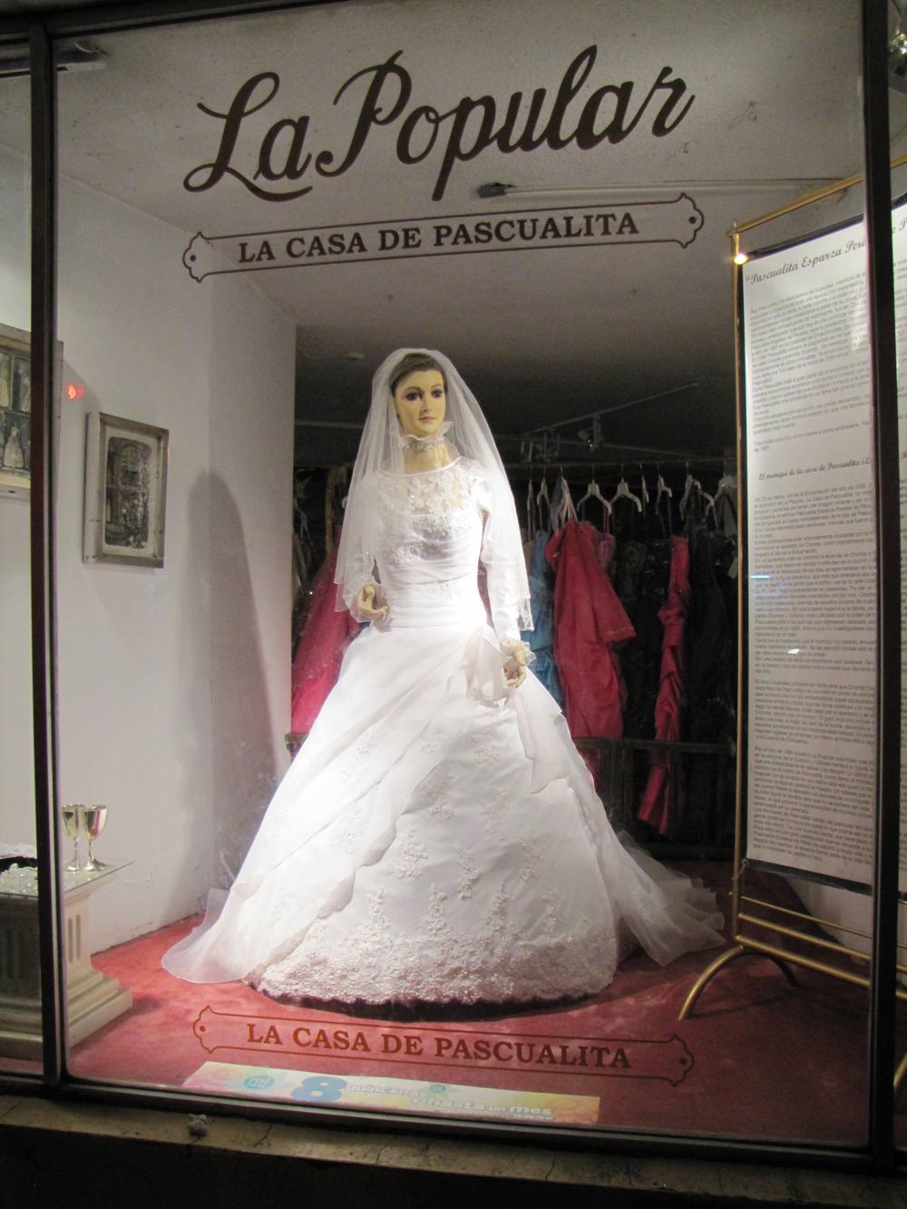 Image from: La Pasqualita: The bizarre story of an embalmed corpse bride cleverly disguised as a window bridal mannequin in Mexico