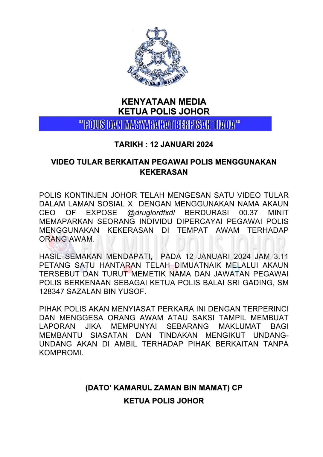 Image from: Assaulting a man in viral video, alleged Johor police station chief may face up to 1-year jail, RM2k fine or both