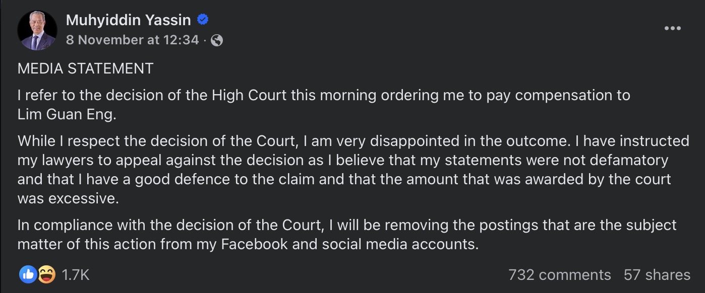 Image from: Ordered to pay Lim Guan Eng RM1.35 million for defamation by the High Court, what's next for Muhyiddin in the case?