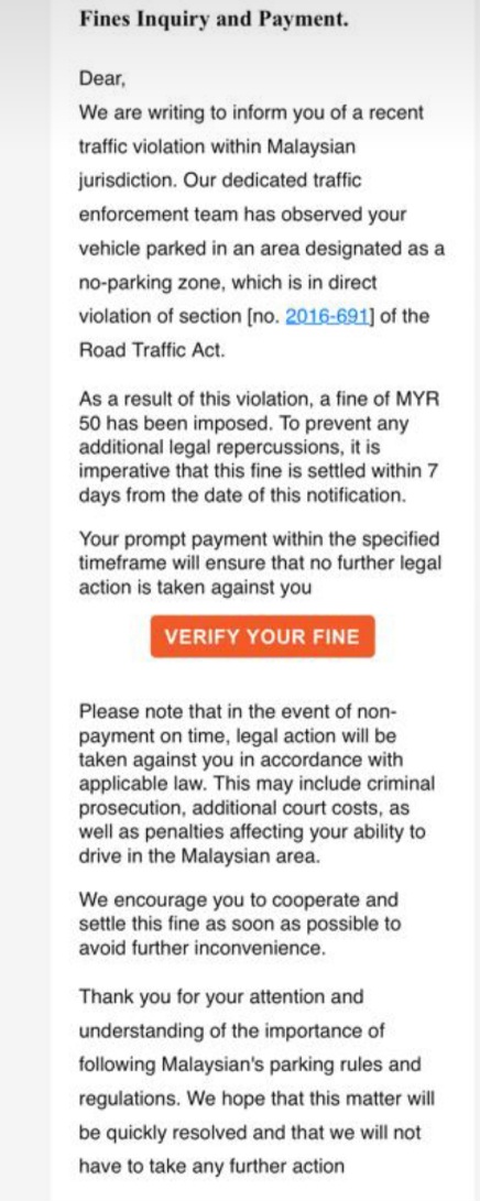 Image from: A Traffic Violation #Scam Notice