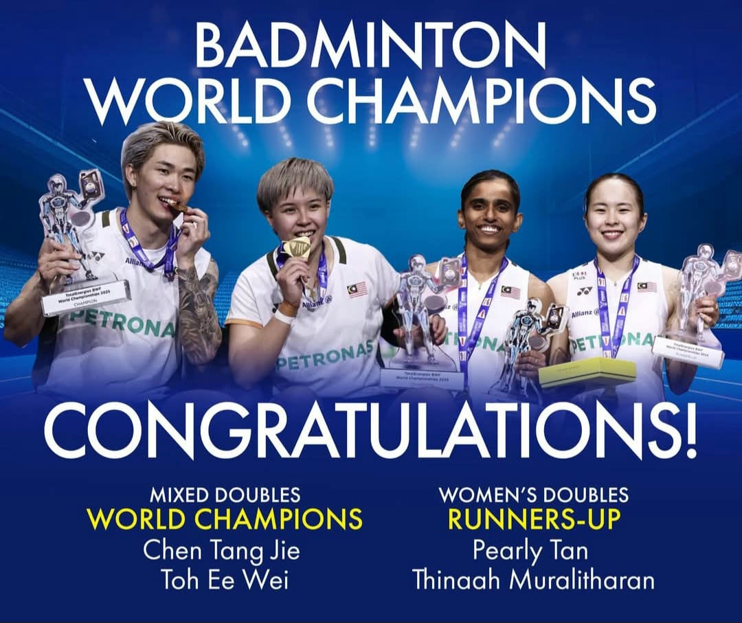 Image from: Tang Jie-Ee Wei juara beregu campuran Kejohanan Badminton Dunia 2025 telah meningkatkan daya juang rakyat