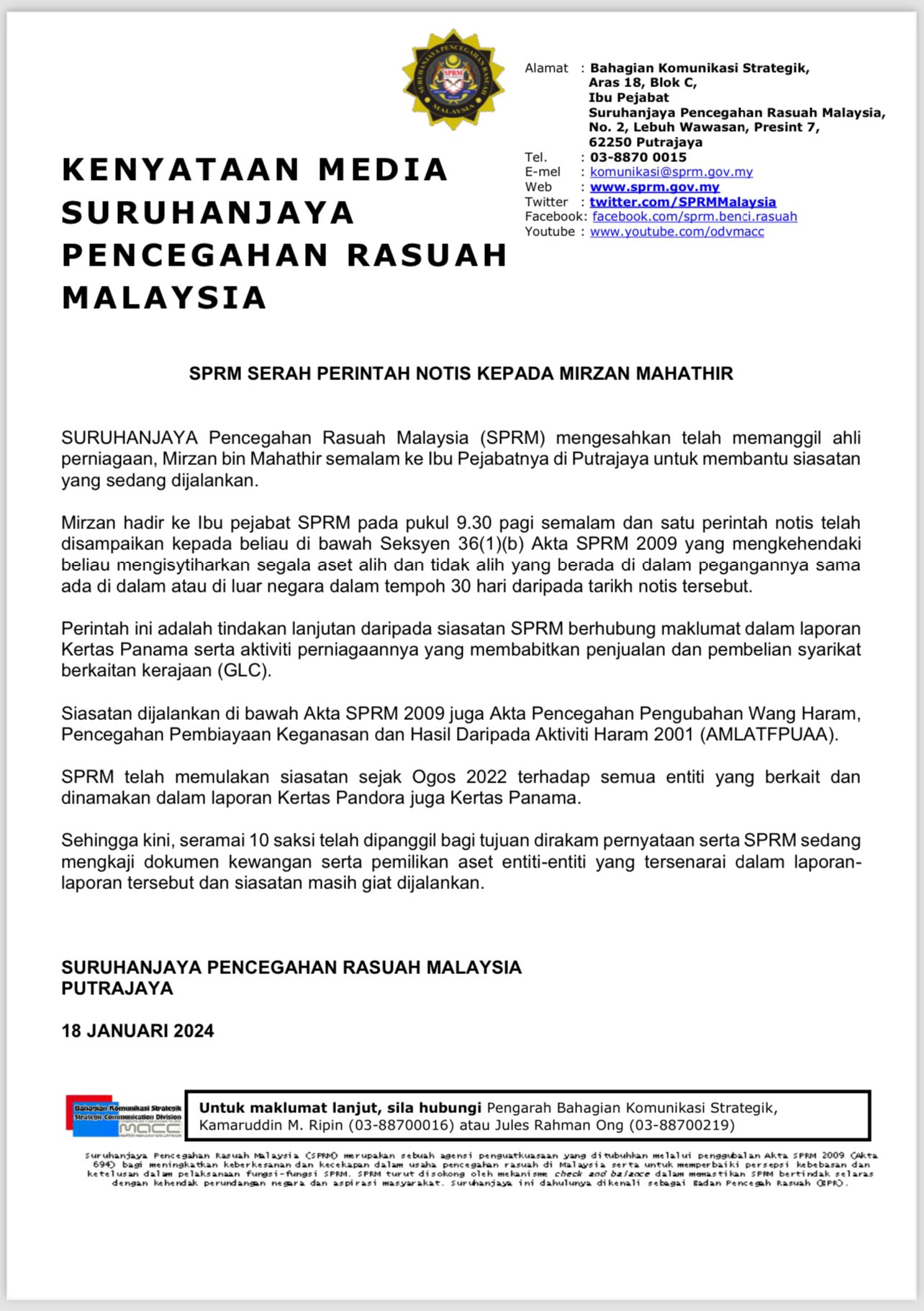Image from: MACC Directs Asset Declaration from Mirzan Mahathir Within 30 Days