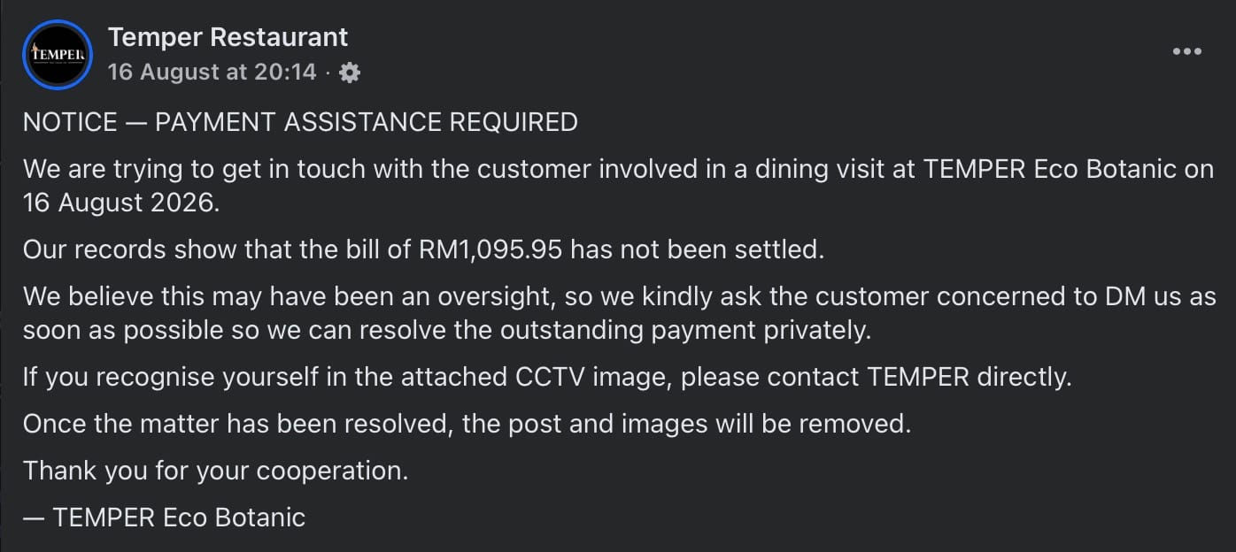 Image from: JB Eatery Seeking Patrons Who Left without Settling RM1,095.95 Bill, M'sians Believe They've Fled Back to China