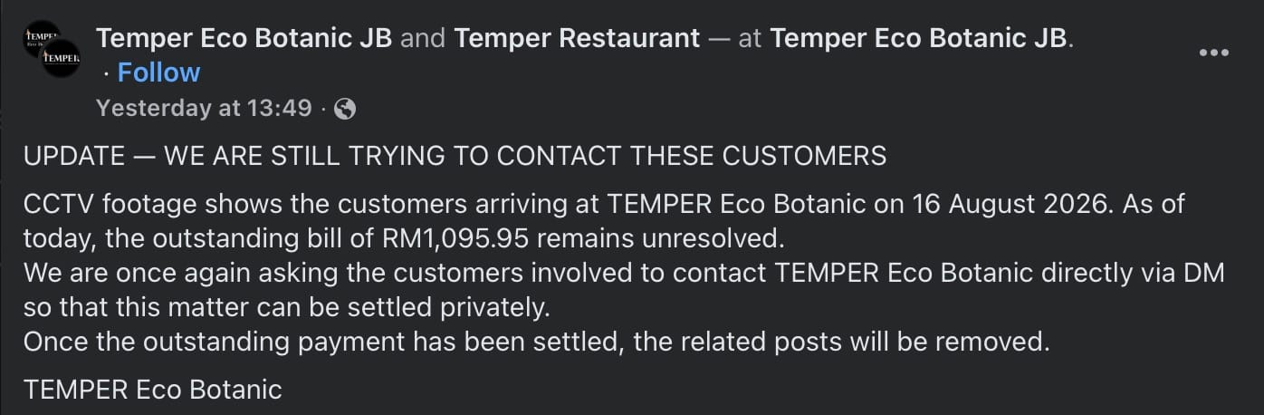 Image from: JB Eatery Seeking Patrons Who Left without Settling RM1,095.95 Bill, M'sians Believe They've Fled Back to China