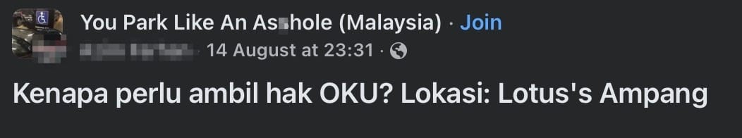 Image from: Outrage as Motorcyclists 'Invade' OKU Parking in Ampang, M'sians Pray Their ‘Dream’ of Becoming Disabled Comes True