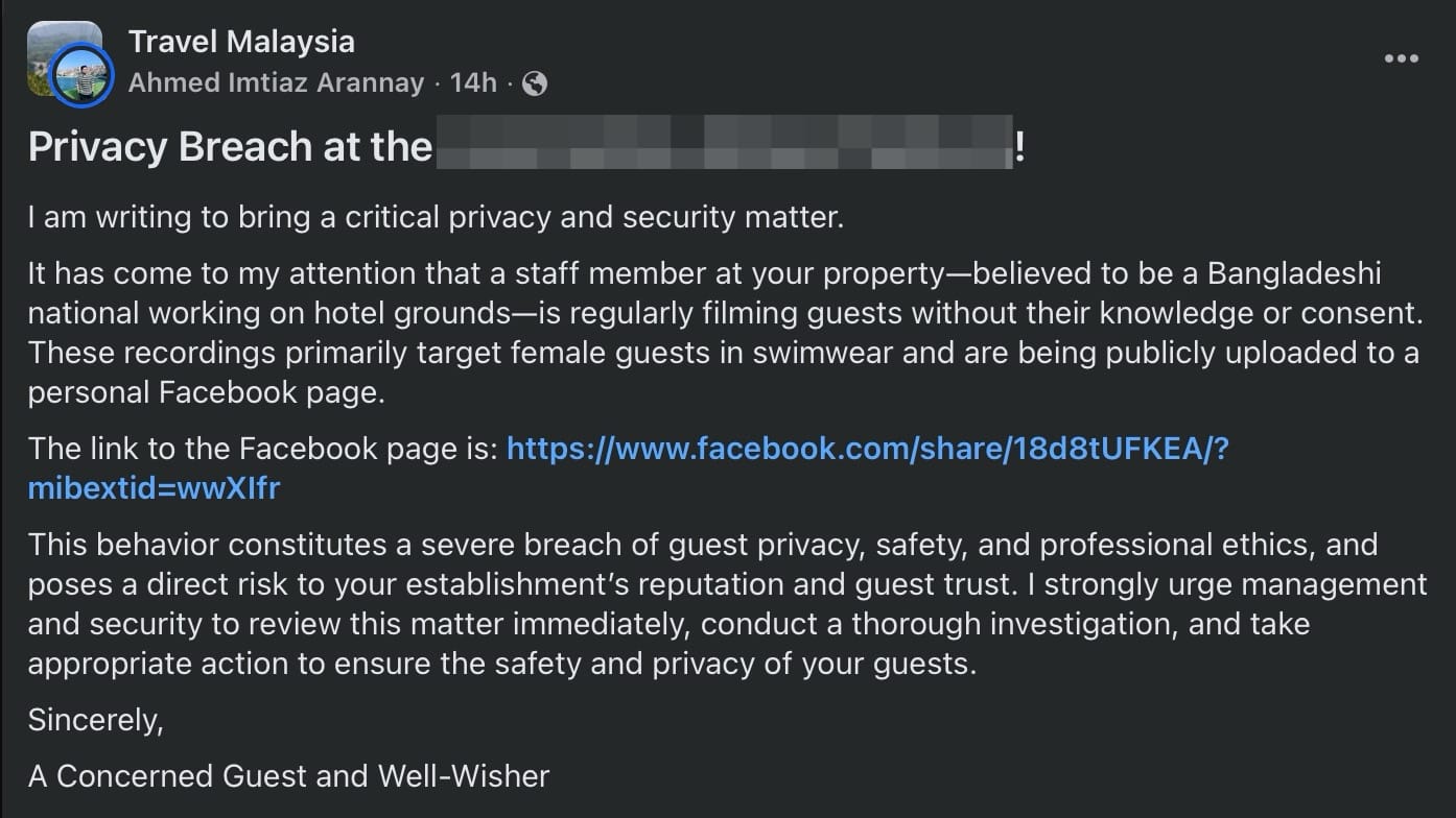 Image from: Alleged Staff at Popular KL Hotel Secretly Films Female Guests at Rooftop Pool, Shares Videos Online With Lewd Captions