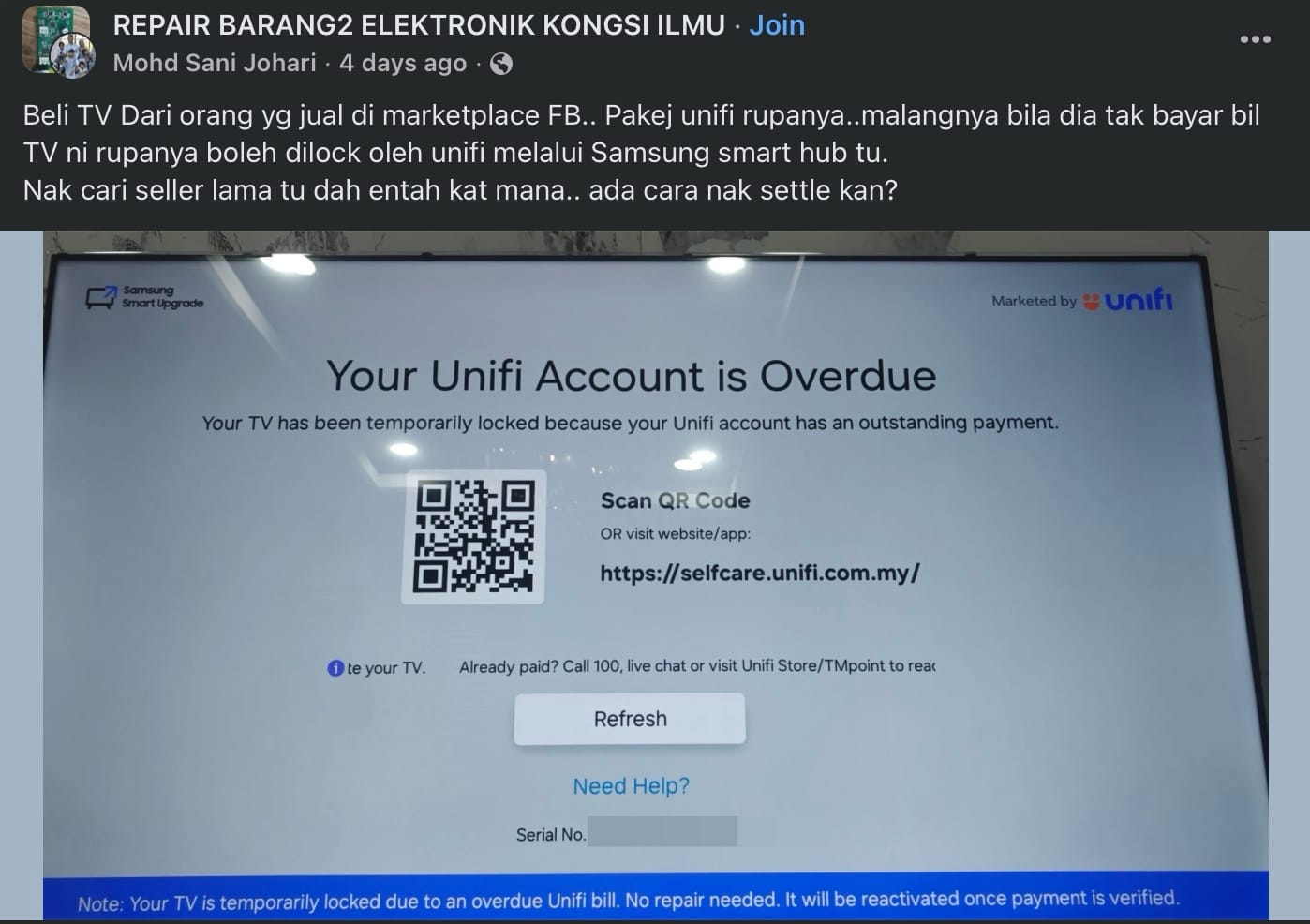 Image from: M’sians Shocked to Find Their Smart TVs Completely Unusable as Shady Sellers Didn't Pay Internet Bills & Ghosted Them