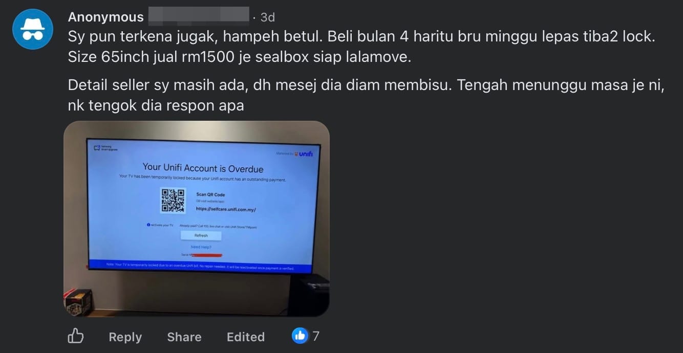 Image from: M’sians Shocked to Find Their Smart TVs Completely Unusable as Shady Sellers Didn't Pay Internet Bills & Ghosted Them