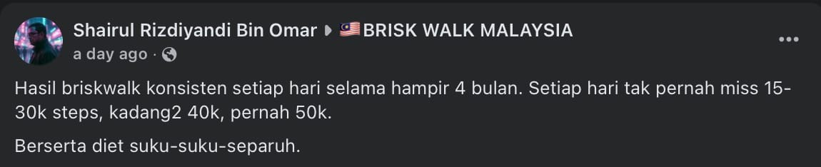 Image from: #JomFit | 42y/o Malaysian's Inspirational Journey of Losing 21kg in Just 4 Months by Brisk Walking Daily