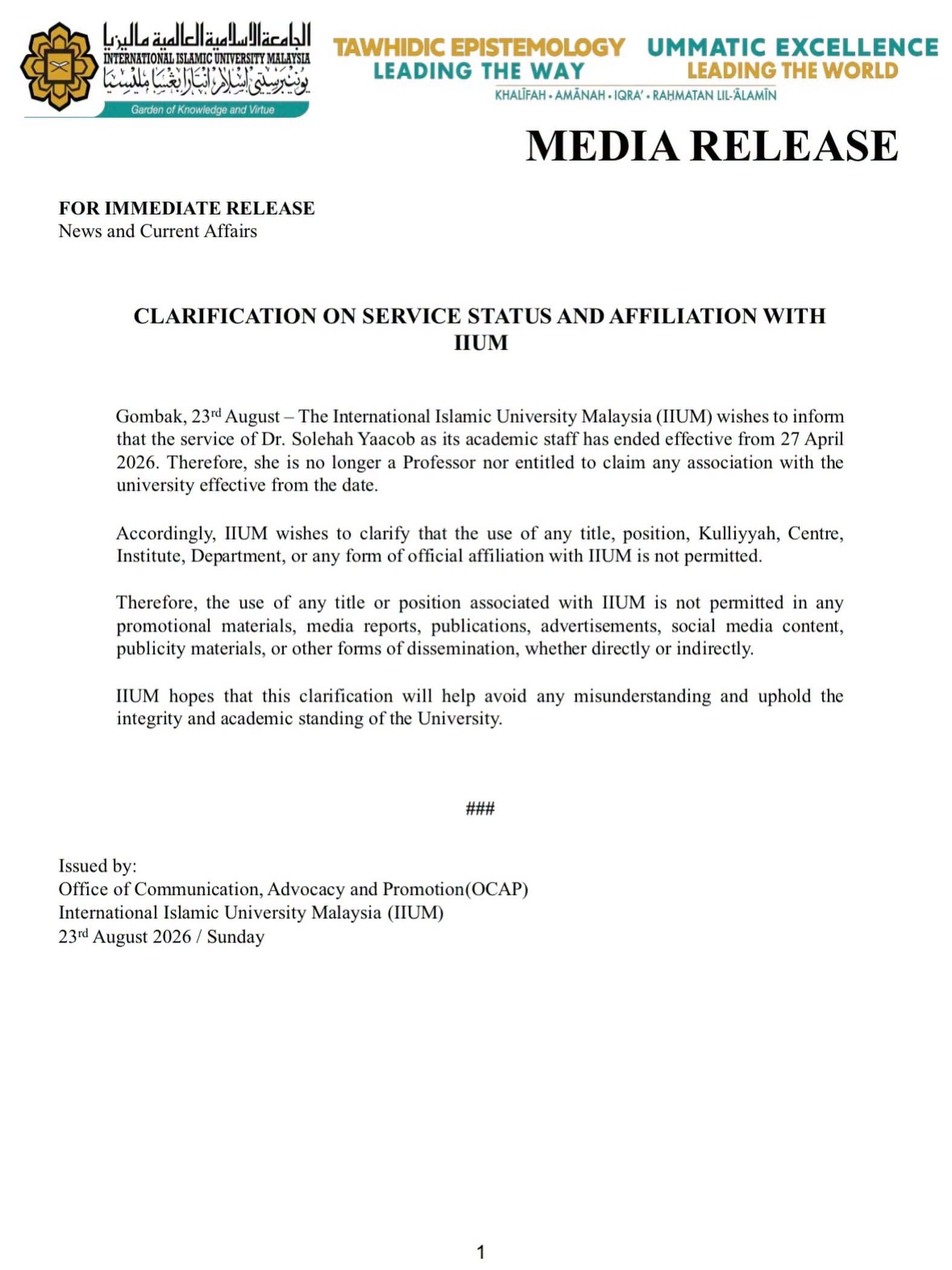 Image from: Dr Solehah vs IIUM: Sacked Lecturer Alleges Unfair Dismissal, But Here's Why Industrial Court May Reject Her Case